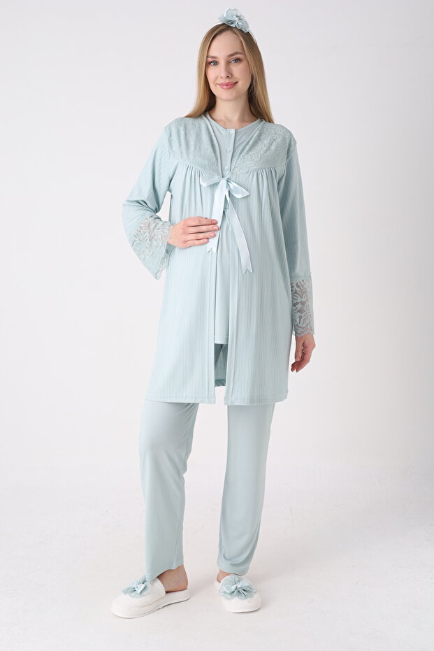 Pajama Set with Robe and Short Sleeves for Maternity and Pregnancy, Set of 3
