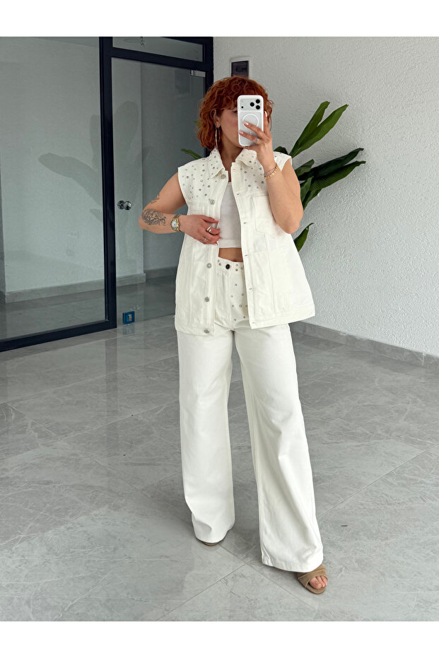 Premium Shiny Stone Detailed Jean Vest-Pants 2-Piece Denim Set