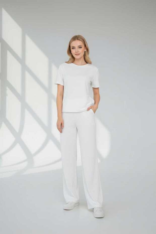 Trend Women's White Modal Fabric Draped Top and Bottom Set | New Season | Comfortable Cut with Elastic Waist and Pockets - 2 Pieces