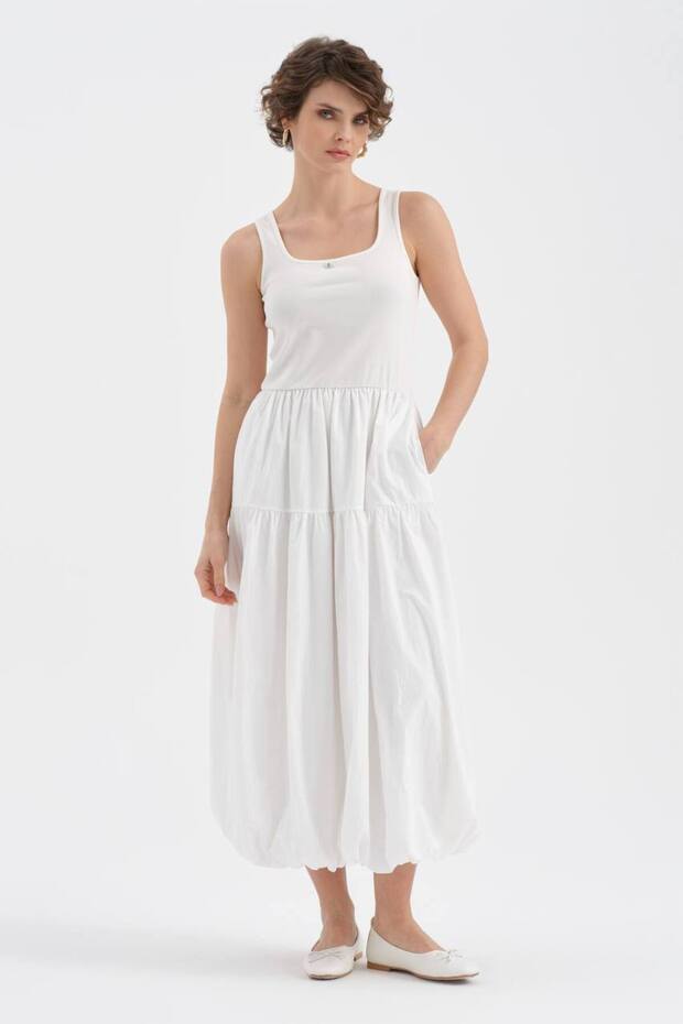 Women's Knitted Top and Woven Fabric Bottom Balloon Design Dress