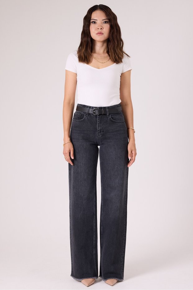 Women's Dark Smoked Antique Stone Washed Wide Leg Jean Pants – High Waist Comfort Fit Loose Leg Long Length Stretch Denim