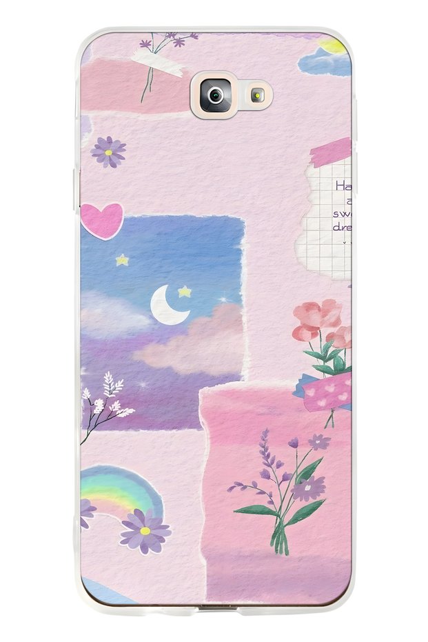 Samsung Galaxy J7 Prime Compatible Pastel Floral Moon and Rainbow Pattern Transparent Phone Case