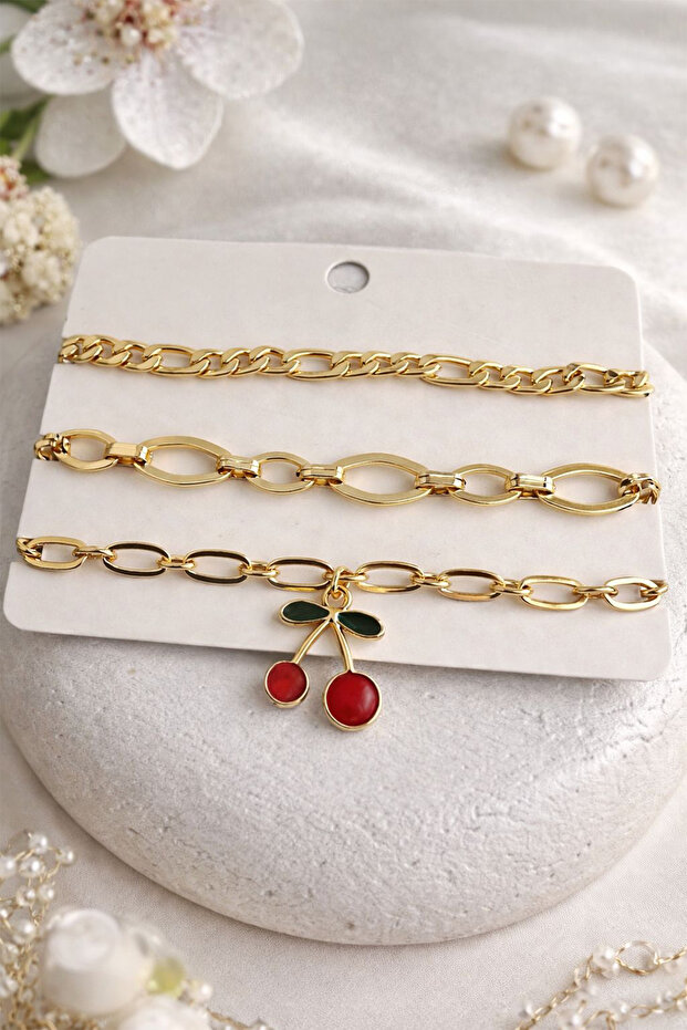 Gold Yellow Red Cherry Detail Triple Chain Bracelet Set (18cm)