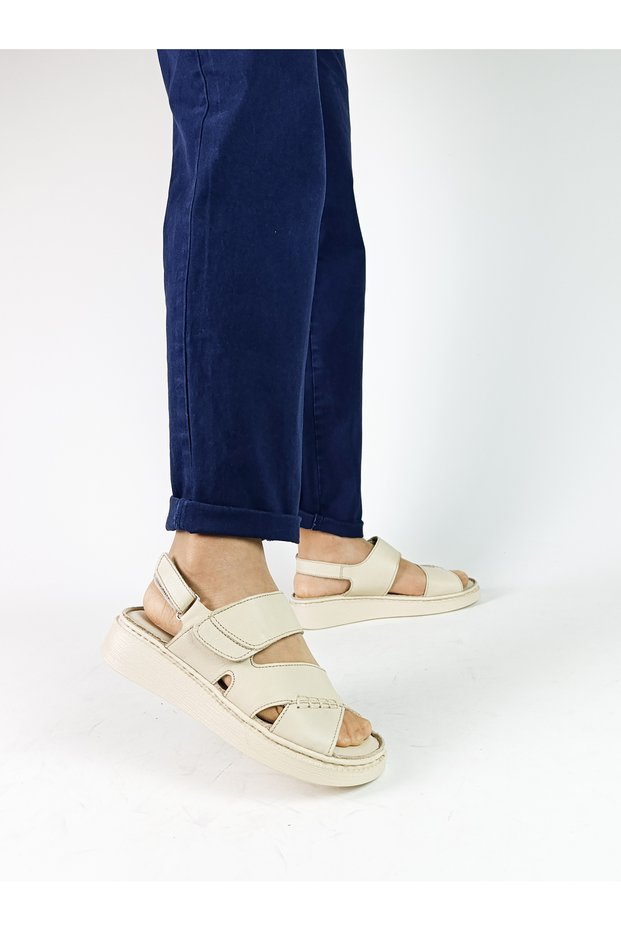 Genuine Leather Beige Color Strapped Flat Sole Women's Sandals between Size 36-40 Leather Sandals