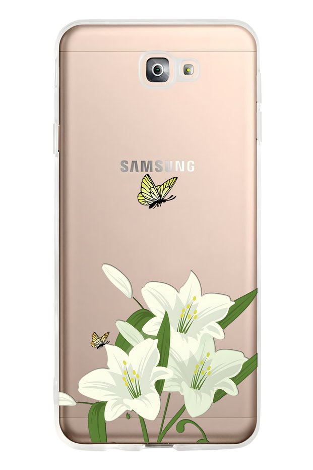 Samsung Galaxy J7 Prime Compatible White Lily Patterned Transparent Phone Case
