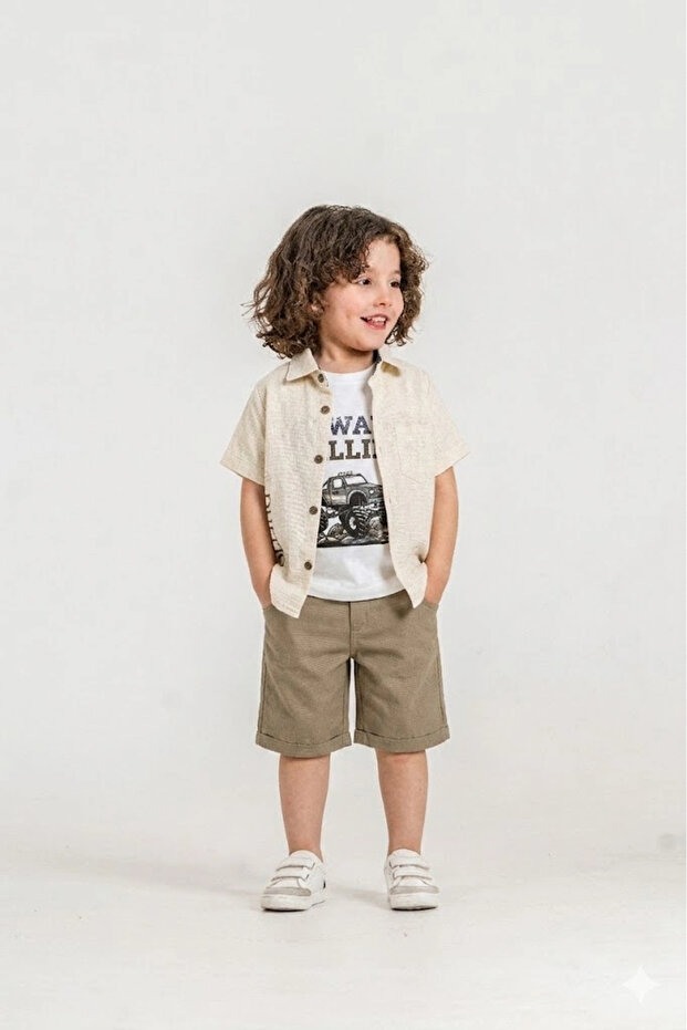 Boys' Printed Summer Set - 3-Piece Shirt T-Shirt Shorts Set