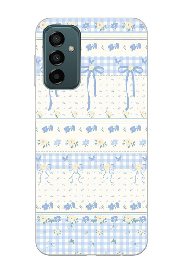 Samsung Galaxy M13 / M23 Compatible Blue Bow and Flower Pattern Transparent Phone Case