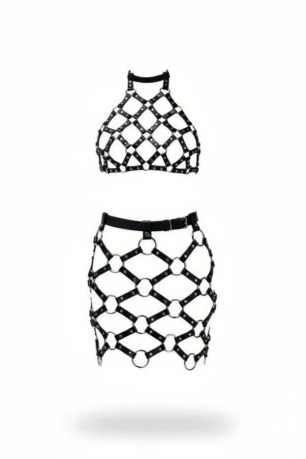 Black Skirt Faux Leather Skirt Mini Skirt with Metal Ring - Brf1289