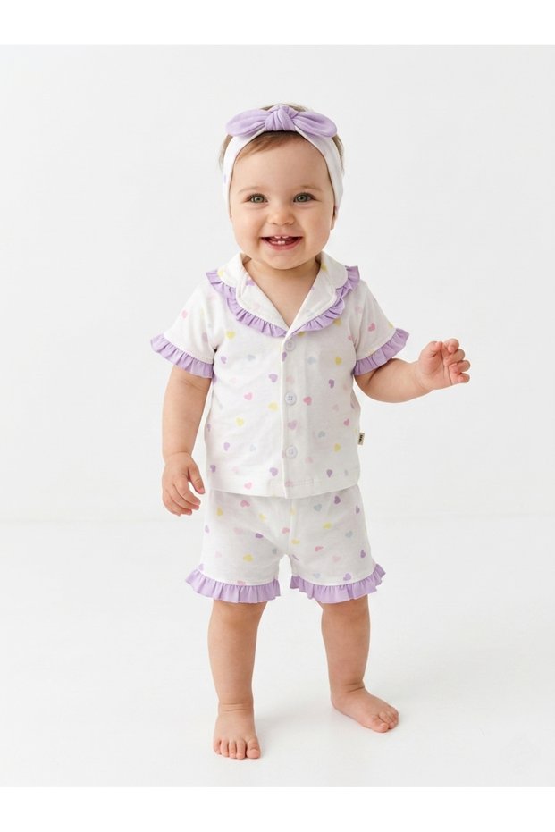 100% Cotton Summer Baby Girl Pajama Set with Headband and Short Sleeves Shorts
