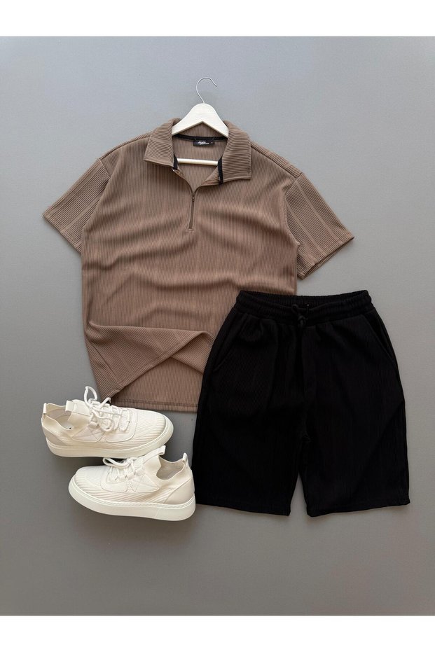 Raporlu Ottoman Fabric Brown Tshirt + Black Shorts 2-Piece Top and Bottom Set