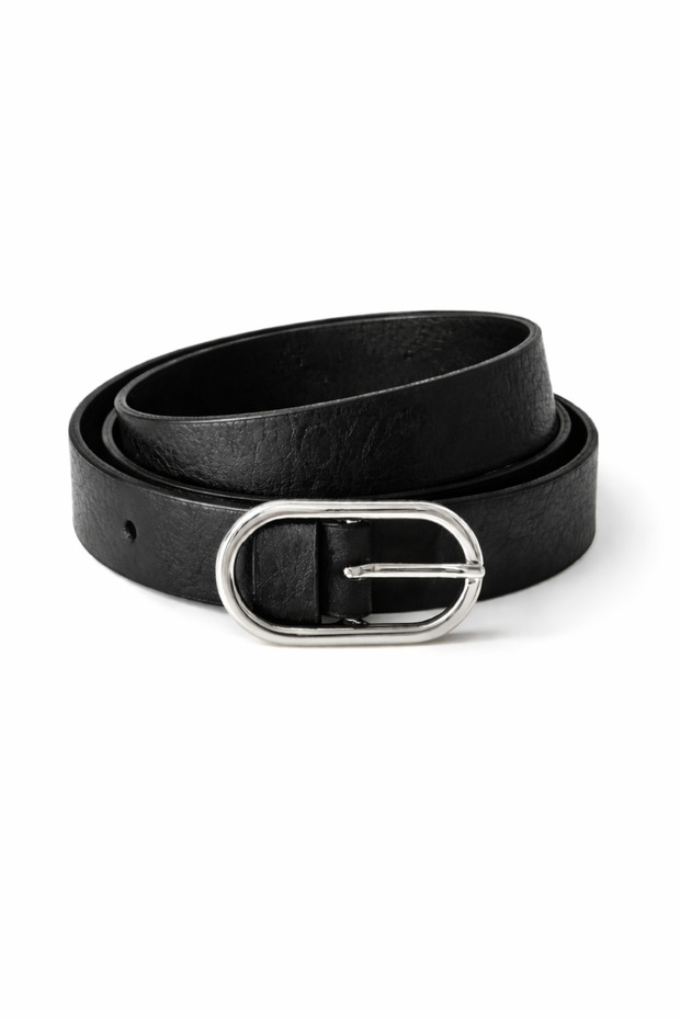 Women's Black Faux Leather Thin Belt with Long Oval Silver Buckle, Casual & Stylish Combination Belt