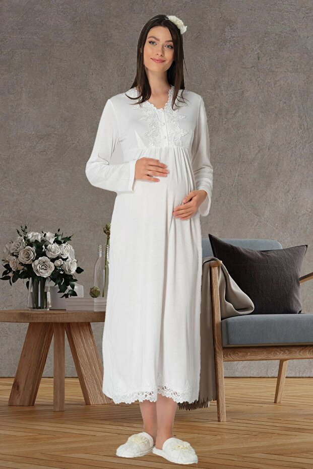 Maternity Nightgown with Guipure Detail 75% Cotton, 25% Viscose