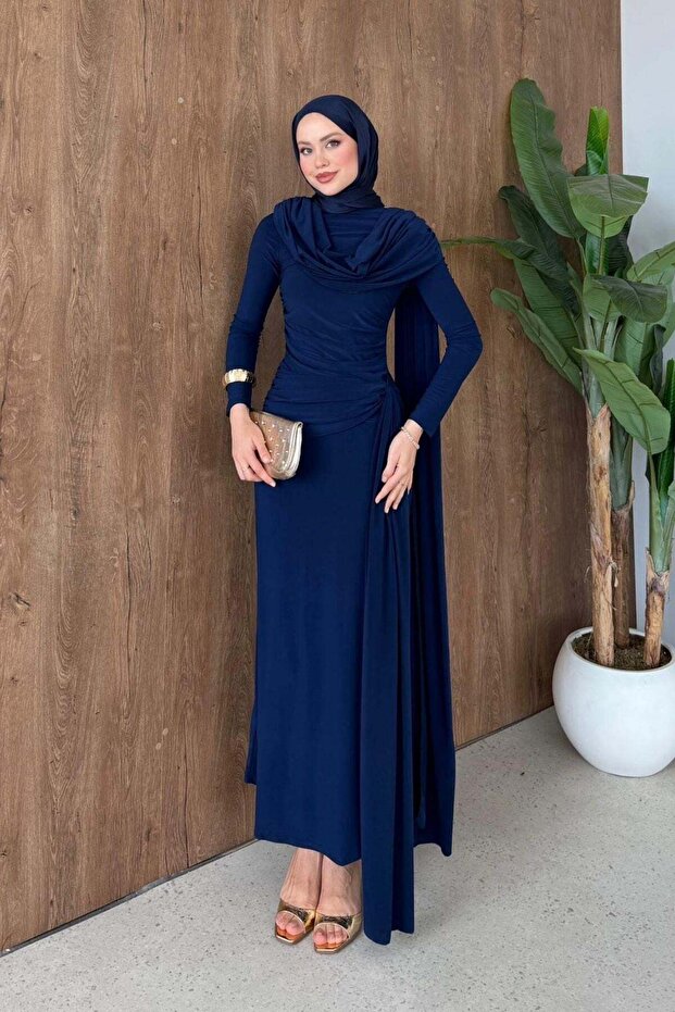 Sultan Shawl Detailed Dress Navy Blue