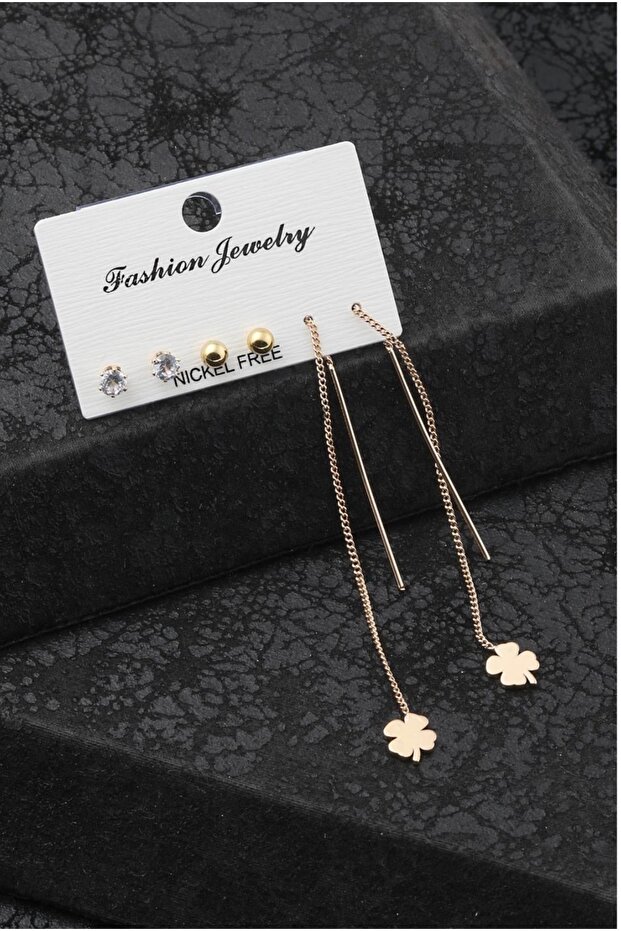 Stylish Hanging Clover-Detail Earrings, Set of 6