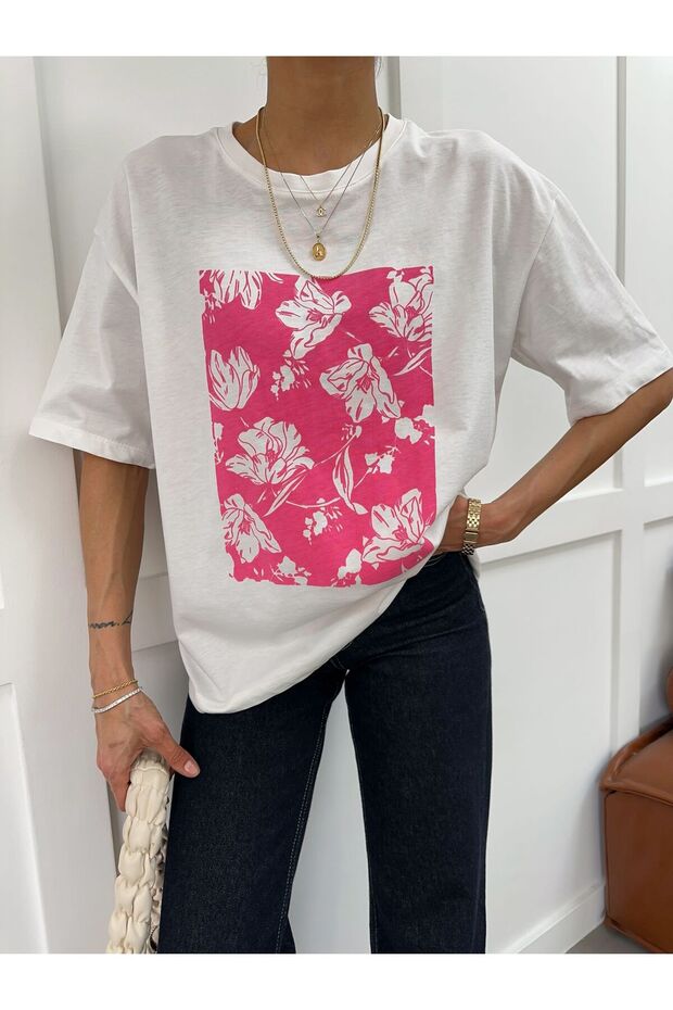 Oversize Crew Neck Floral Patterned T-Shirt