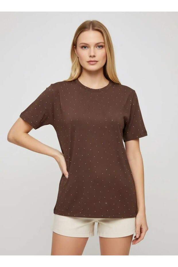 26047 100% Cotton Women's Crew Neck Stone Embroidered Oversize Combed Cotton Blouse
