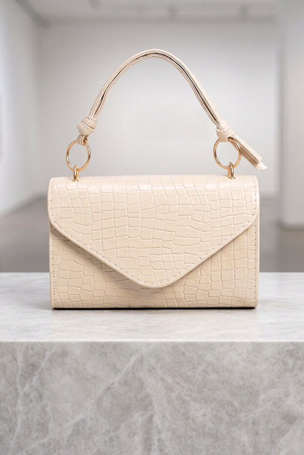 Women's Crocodile Patterned Faux Leather Hand and Shoulder Bag with Ring Detail Mlu7010