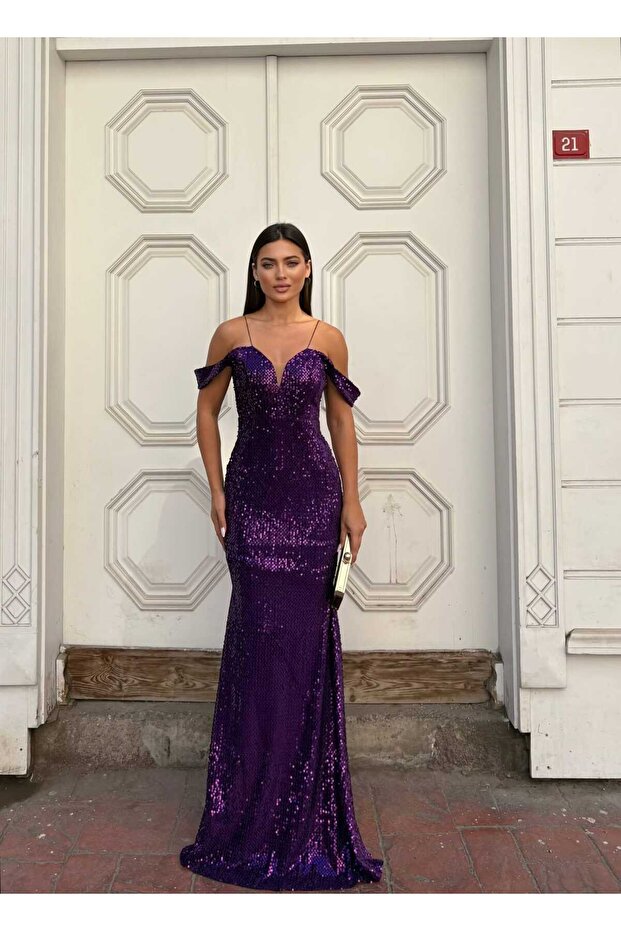 Women's Purple Rope Strap Off-Shoulder V-Neck Tulle Detailed Fully Sequined Fishnet Long Evening Dress