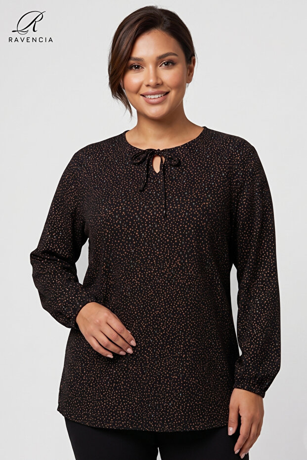 Women's Black-Orange Plus Size Star Patterned Crew Neck Lace-Up Lycra Viscose Mother Combed Cotton Blouse