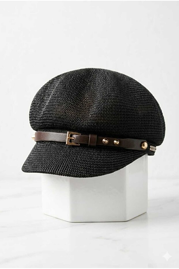 Women's Straw Cap Hat with Belt Detail, Stylish Summer Model