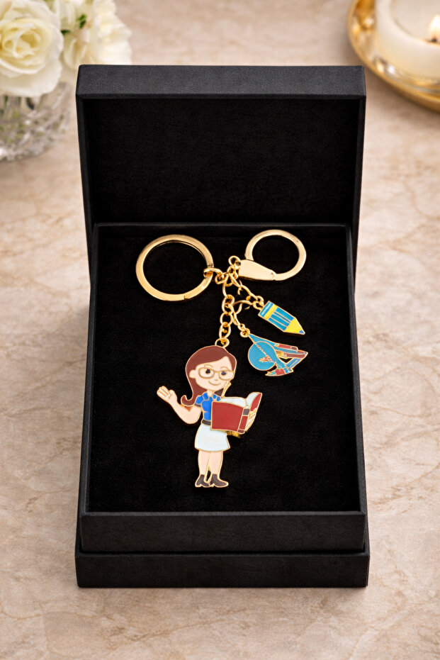 Teacher Themed Keychain | Gift with a Woman Reading a Book Figure | Boxed Stylish Switch with Key