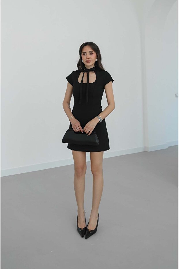Black Tie-Neck Dress with Shorts