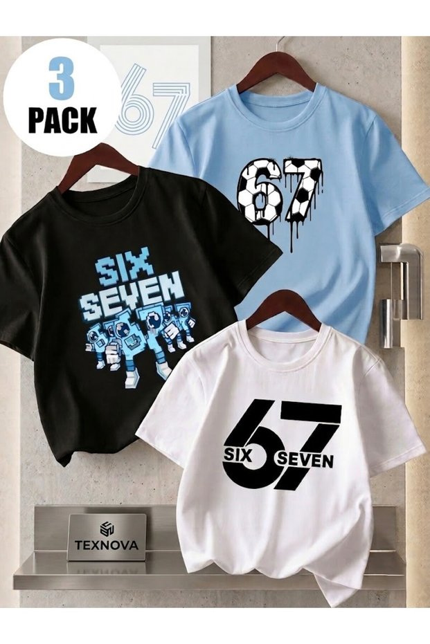 Set of 3 Crew Neck 100% Cotton Printed Short Sleeve Children's and Teenagers' T-Shirts