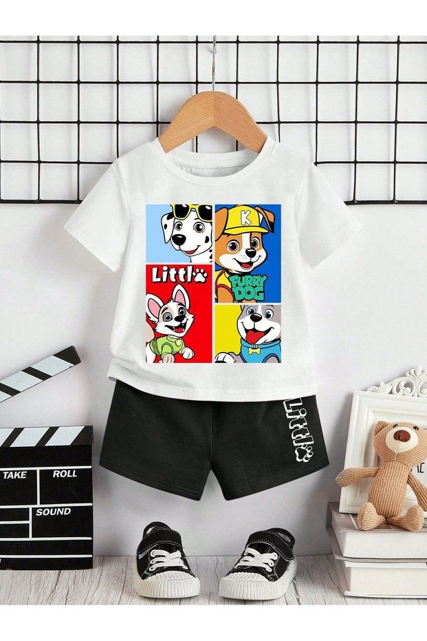 Little Paw Printed Children's T-Shirt Shorts Top-Down Combination Set