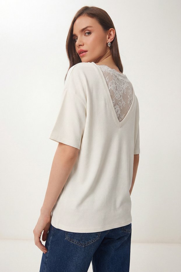 Lace Detailed Oversize Modal T-Shirt Lnt0030 Ecru