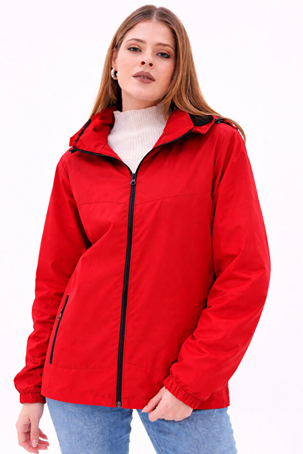 Women's Red Removable Hooded Raincoat Coat