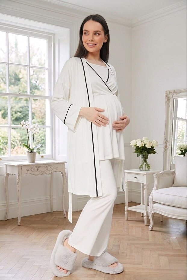 New Season Ecru Double-Breasted Collar Short Sleeve Summer Special Design Maternity Pajama Set