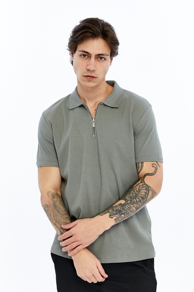 Zippered Polo Collar Men's T-Shirt 2738 Light Khaki