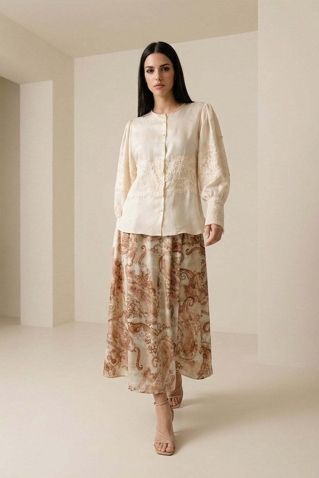 Cream Lace and Sleeve Detailed Long Sleeve Blouse