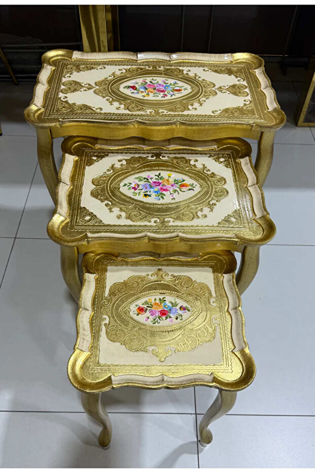 L&M Italian Henza Ivory Wooden Tris Table set