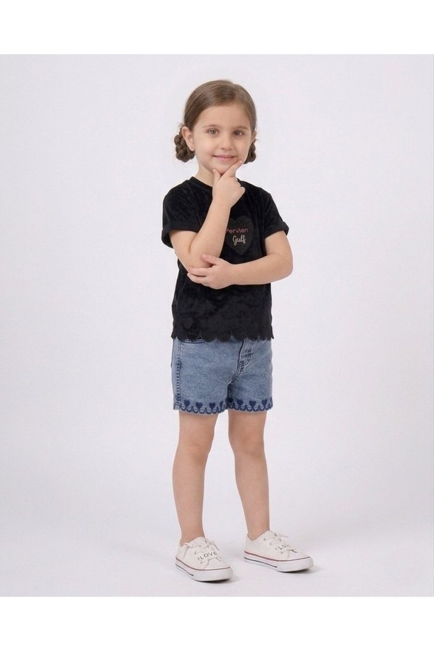 Dar Kalip! Girl's Summer Denim Shorts with Heart Print, Stylish 2-Piece Top and Bottom Set for Ages 3-4-5-6-7-8-9-10