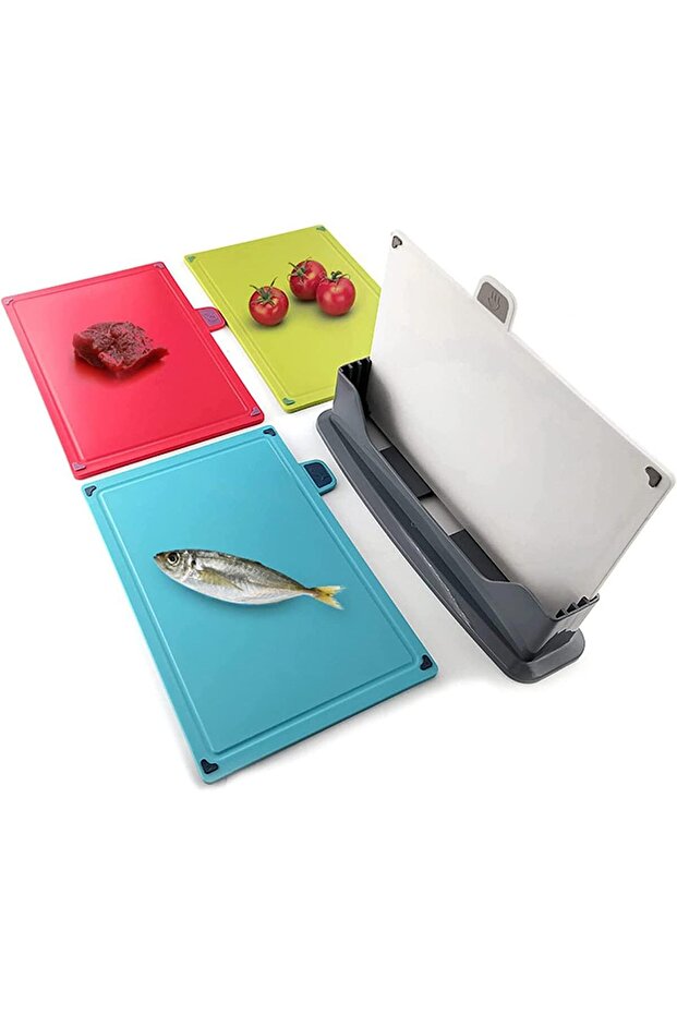 4-Piece Color Coded Cutting Board Set with Storage Stand,Non-Slip Plastic Chopping Boards with Food,Dishwasher Safe,30x22cm