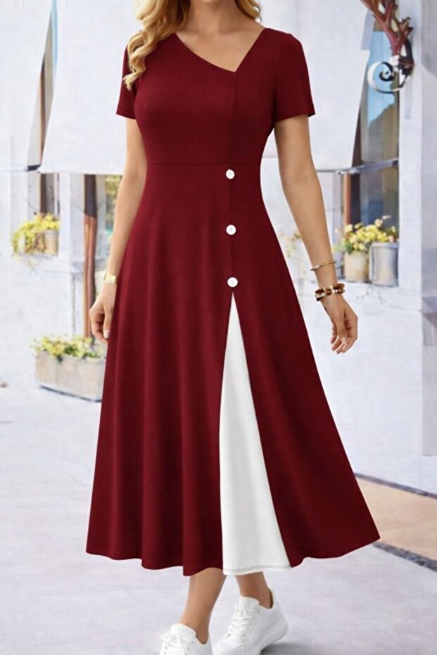 Women's Short Sleeve Asymmetrical Collar Button Detailed Midi Viscose Dress