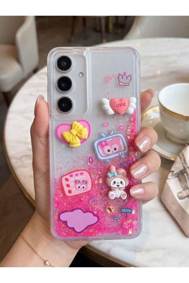 Galaxy S24 Fe Case Transparent Protective Cover with Moving Glitter 3D Characters and Love Figures