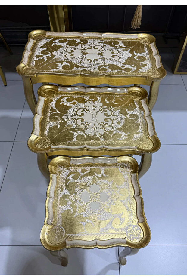 L&M Italian Inaaya Ivory Wooden Tris Table set