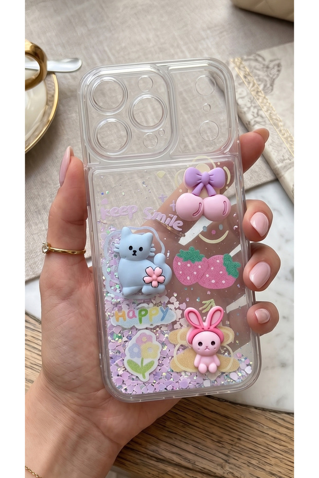iPhone 17 Pro Case Transparent Protective Cover with Moving Glitter 3D Characters and Love Figures