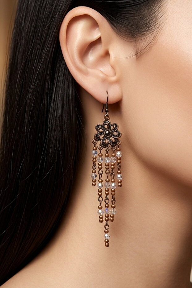 Crystal Ethnic Model Flower Earrings 11 Cm.