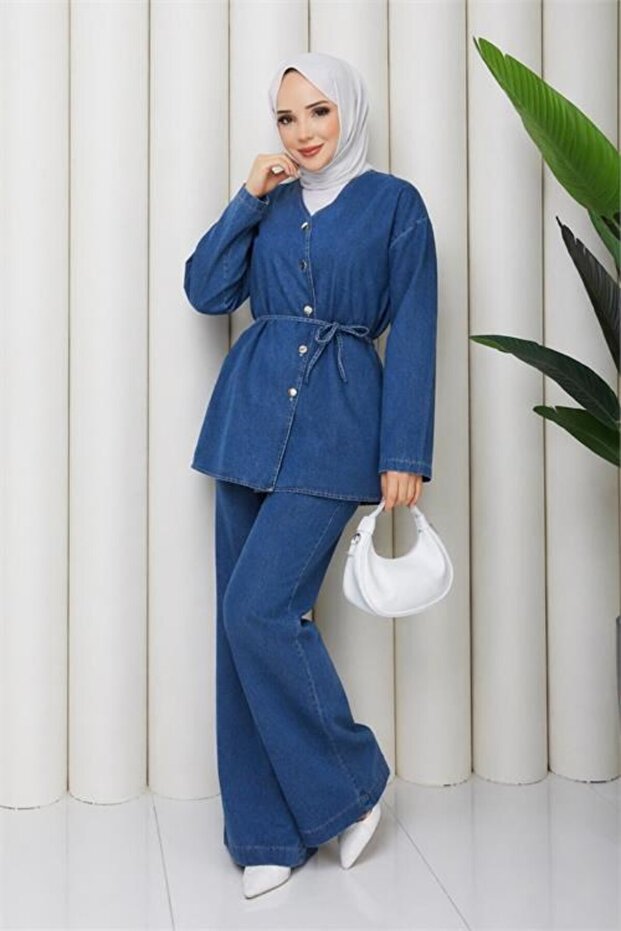 Women's Navy Blue Buttoned Belt Detailed Double Denim Hijab Set Dpft010