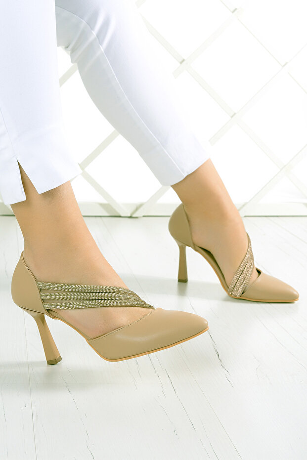 Alessi Light Beige Vegan Stone Pointed Toe Thin Heeled Evening Dress Shoes