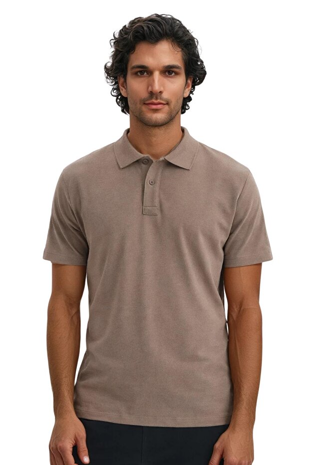 Ar-Ma Men's Polo Collar T-Shirt Without Print Basic Regular Fit Double Collar Combed Cotton Pique Y29374354502 Mink-
