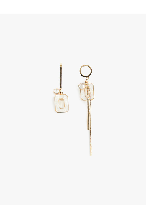 Stone Detailed Dangle Chain Steel Mixed Asymmetric Hoop Earrings