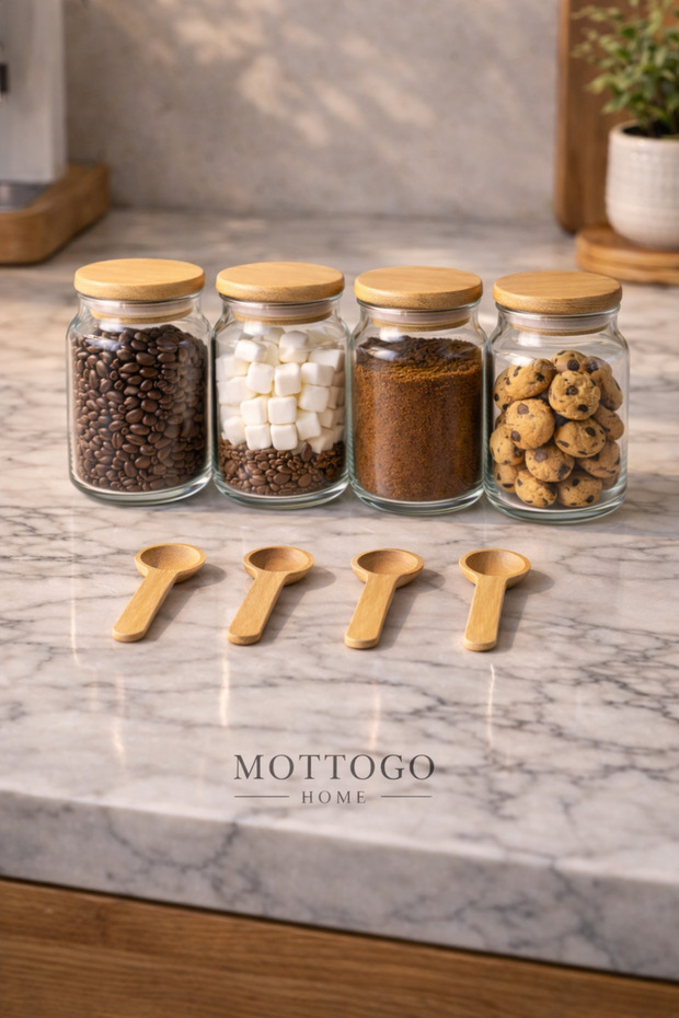 Glass Jar Set with Bamboo Lid and Spoon 300ml (4-Piece/6-Piece) Spice Jar – Vacuum Lid Kitchen Organizer