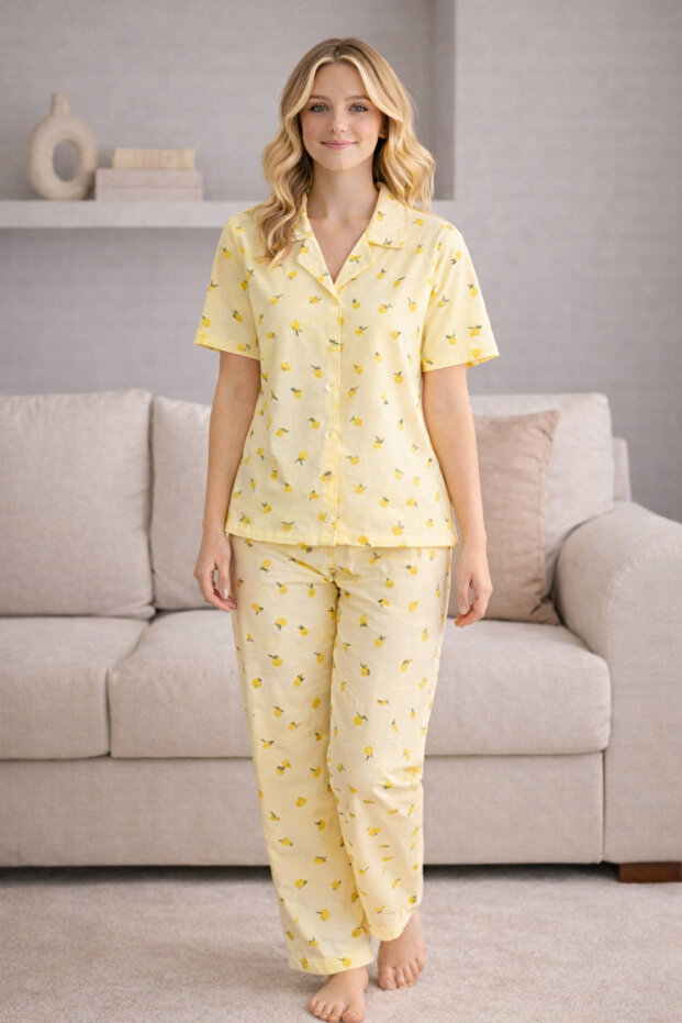 Women's Front Buttoned Turn-Down Collar Short Sleeve Long Pants Patterned Pajama Set