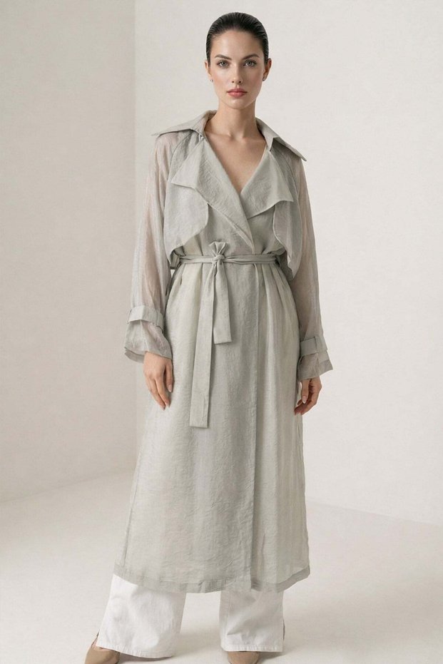 Nil Green Collar Detailed Waist-Tied Long Trench Coat