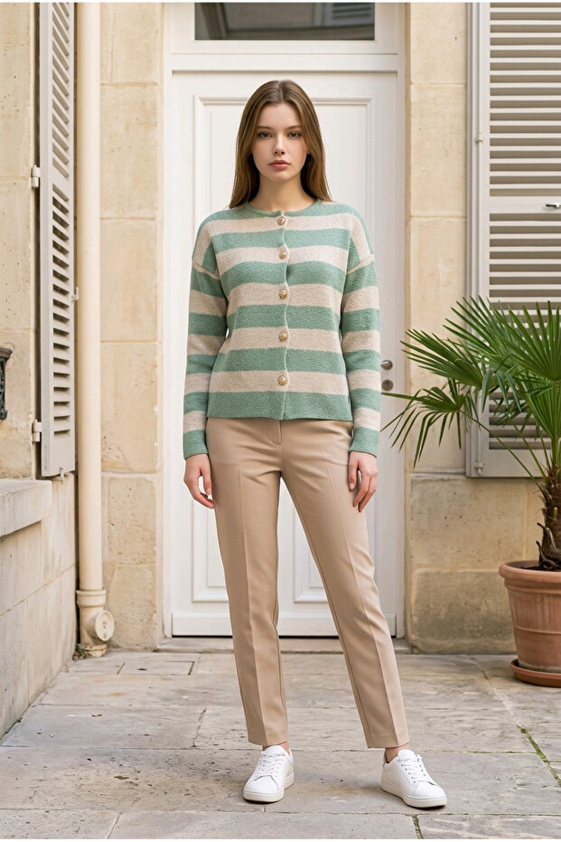 Women's Striped Crew Neck Gold Buttoned Knitwear Knitted Cardigan Jacket