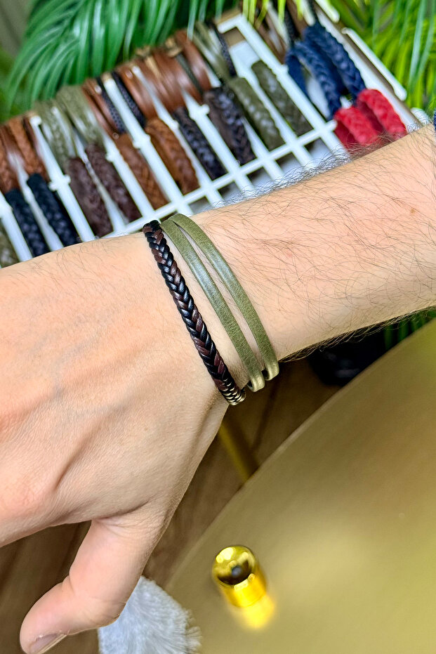 Genuine Leather Bracelet with Fine Knitted Detail